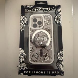 Ed Hardy White & Clear Phone Case with Tattoo Motif and MagSafe Ring